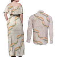 Aloha Pakalana and Puakenikeni Lei Couples Matching Off Shoulder Maxi Dress and Long Sleeve Button Shirt Beige Hawaiian Pattern LT9 - Polynesian Pride