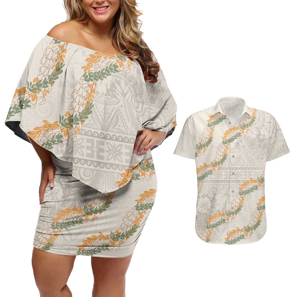 Aloha Pakalana and Puakenikeni Lei Couples Matching Off Shoulder Short Dress and Hawaiian Shirt Beige Hawaiian Pattern LT9 Beige - Polynesian Pride