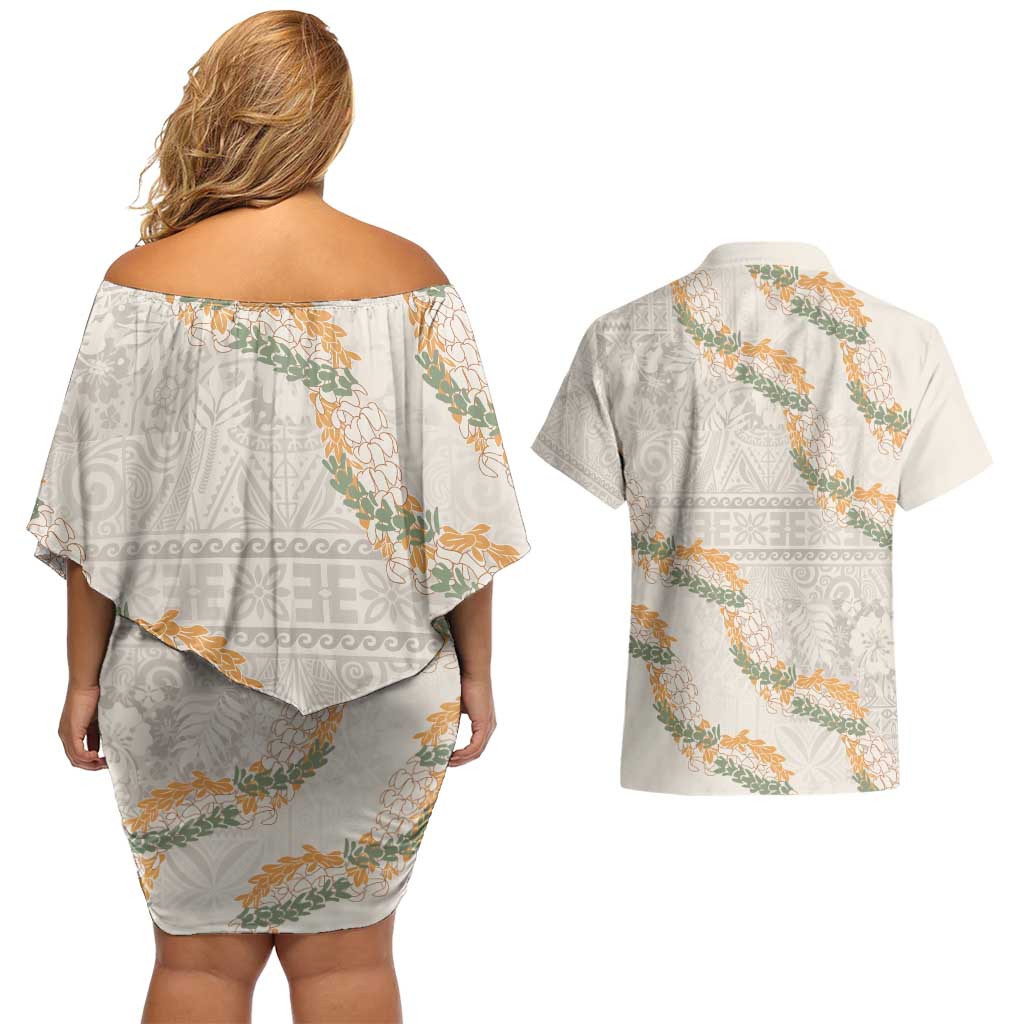 Aloha Pakalana and Puakenikeni Lei Couples Matching Off Shoulder Short Dress and Hawaiian Shirt Beige Hawaiian Pattern LT9 - Polynesian Pride