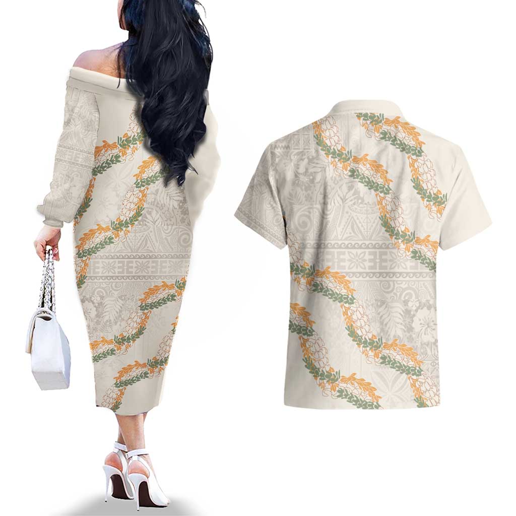 Aloha Pakalana and Puakenikeni Lei Couples Matching Off The Shoulder Long Sleeve Dress and Hawaiian Shirt Beige Hawaiian Pattern LT9 - Polynesian Pride