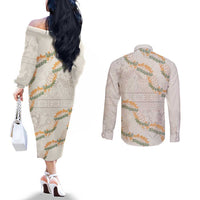 Aloha Pakalana and Puakenikeni Lei Couples Matching Off The Shoulder Long Sleeve Dress and Long Sleeve Button Shirt Beige Hawaiian Pattern LT9 - Polynesian Pride