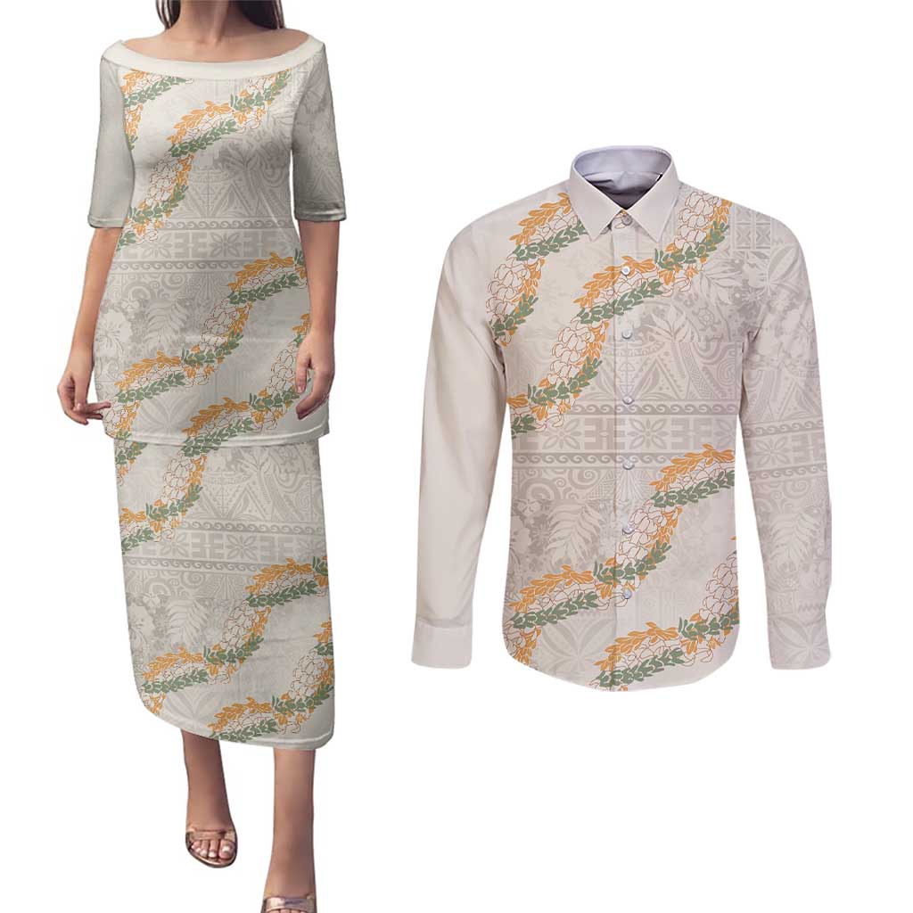 Aloha Pakalana and Puakenikeni Lei Couples Matching Puletasi and Long Sleeve Button Shirt Beige Hawaiian Pattern