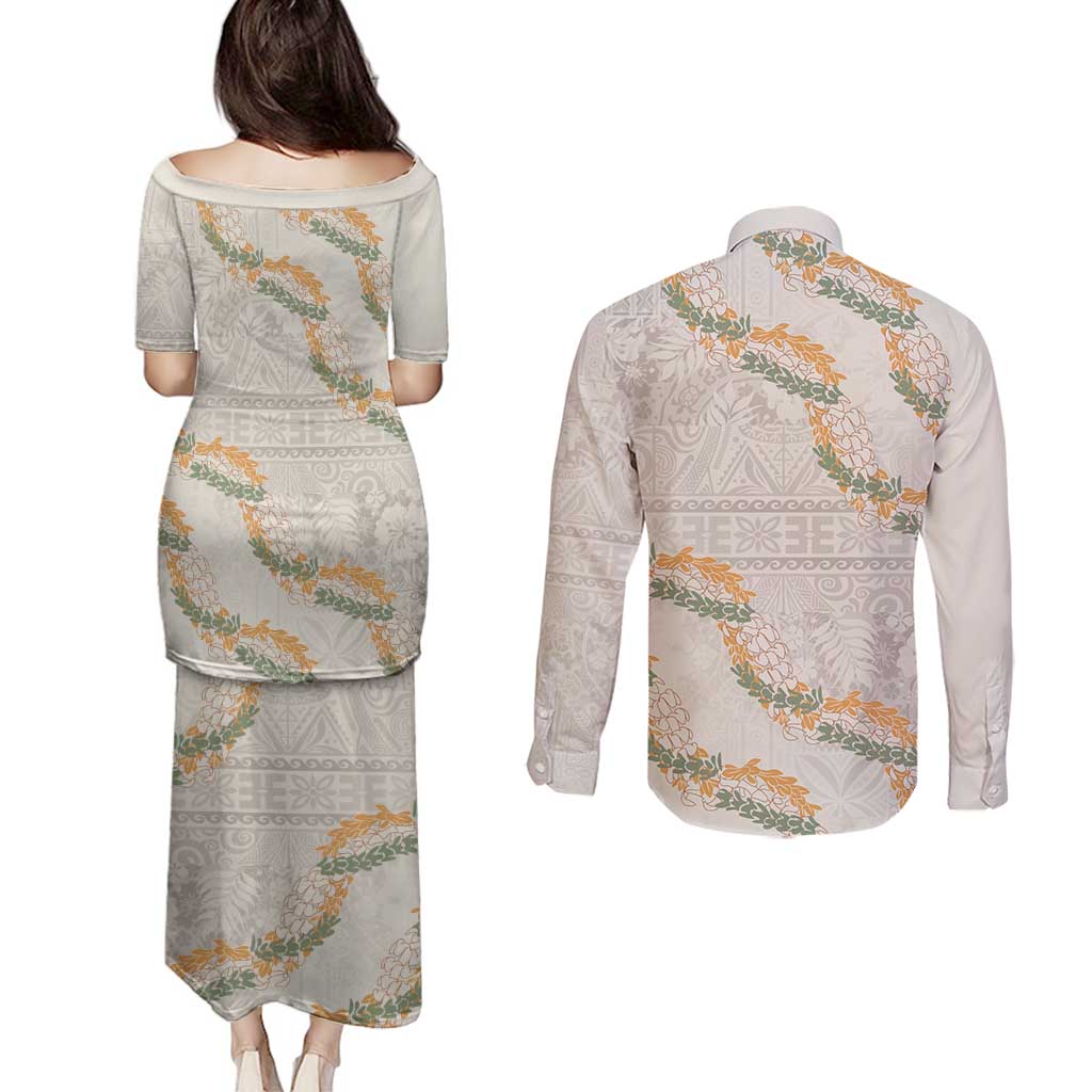 Aloha Pakalana and Puakenikeni Lei Couples Matching Puletasi and Long Sleeve Button Shirt Beige Hawaiian Pattern LT9 - Polynesian Pride