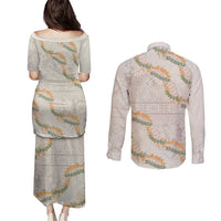 Aloha Pakalana and Puakenikeni Lei Couples Matching Puletasi and Long Sleeve Button Shirt Beige Hawaiian Pattern LT9 - Polynesian Pride
