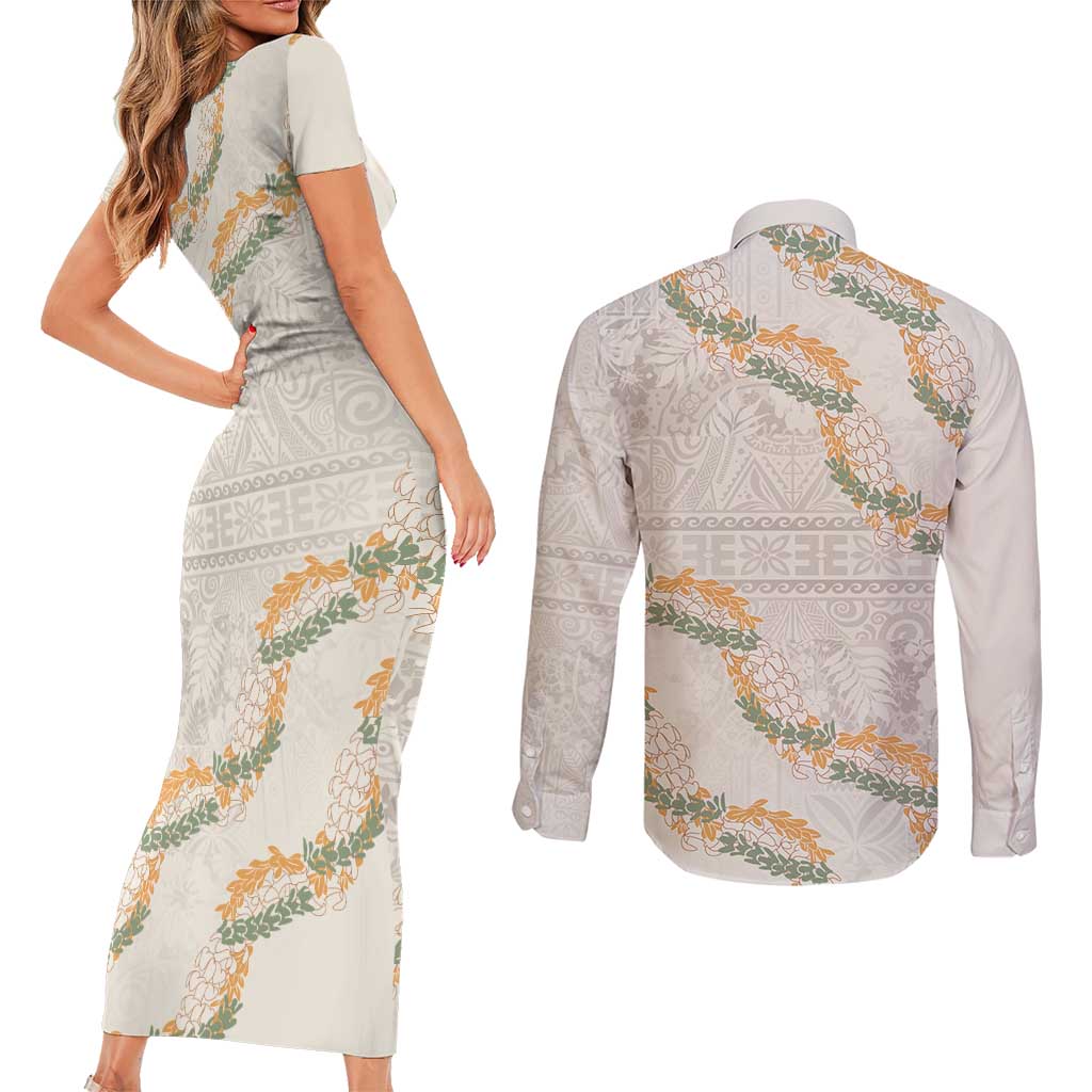 Aloha Pakalana and Puakenikeni Lei Couples Matching Short Sleeve Bodycon Dress and Long Sleeve Button Shirt Beige Hawaiian Pattern LT9 - Polynesian Pride