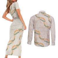 Aloha Pakalana and Puakenikeni Lei Couples Matching Short Sleeve Bodycon Dress and Long Sleeve Button Shirt Beige Hawaiian Pattern LT9 - Polynesian Pride