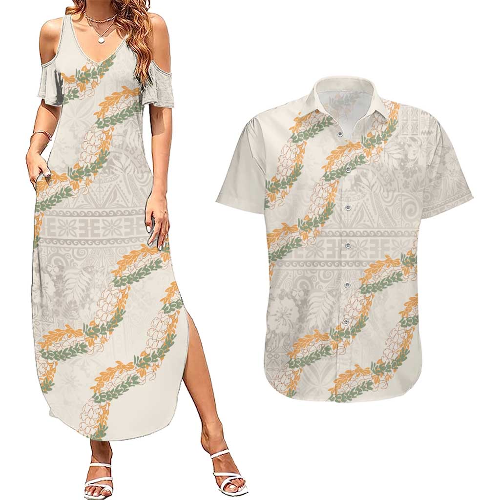 Aloha Pakalana and Puakenikeni Lei Couples Matching Summer Maxi Dress and Hawaiian Shirt Beige Hawaiian Pattern LT9 Beige - Polynesian Pride