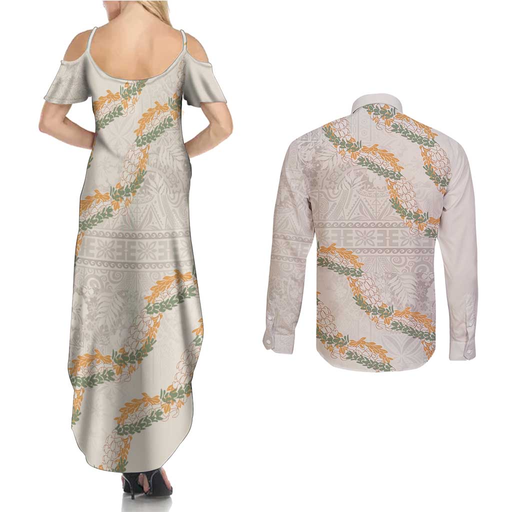 Aloha Pakalana and Puakenikeni Lei Couples Matching Summer Maxi Dress and Long Sleeve Button Shirt Beige Hawaiian Pattern LT9 - Polynesian Pride
