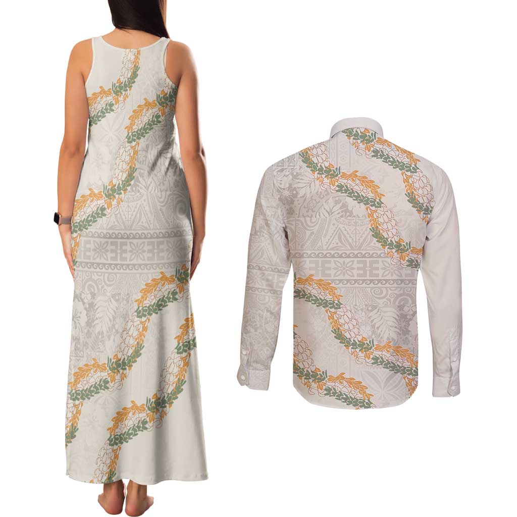 Aloha Pakalana and Puakenikeni Lei Couples Matching Tank Maxi Dress and Long Sleeve Button Shirt Beige Hawaiian Pattern LT9 - Polynesian Pride