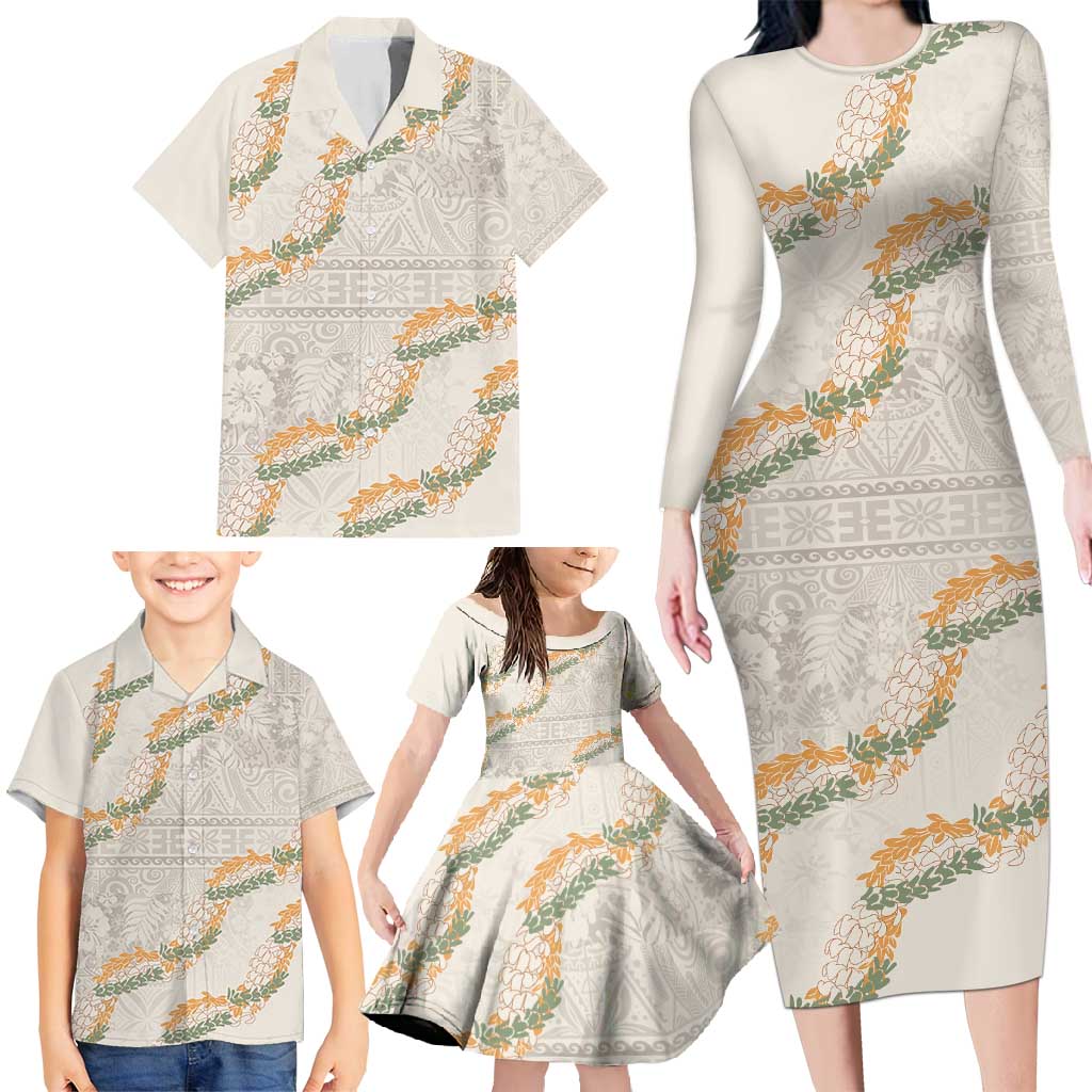 Aloha Pakalana and Puakenikeni Lei Family Matching Long Sleeve Bodycon Dress and Hawaiian Shirt Beige Hawaiian Pattern LT9 - Polynesian Pride