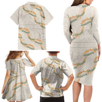 Aloha Pakalana and Puakenikeni Lei Family Matching Long Sleeve Bodycon Dress and Hawaiian Shirt Beige Hawaiian Pattern LT9 - Polynesian Pride