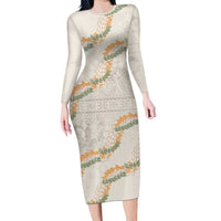 Aloha Pakalana and Puakenikeni Lei Family Matching Long Sleeve Bodycon Dress and Hawaiian Shirt Beige Hawaiian Pattern LT9 Mom's Dress Beige - Polynesian Pride