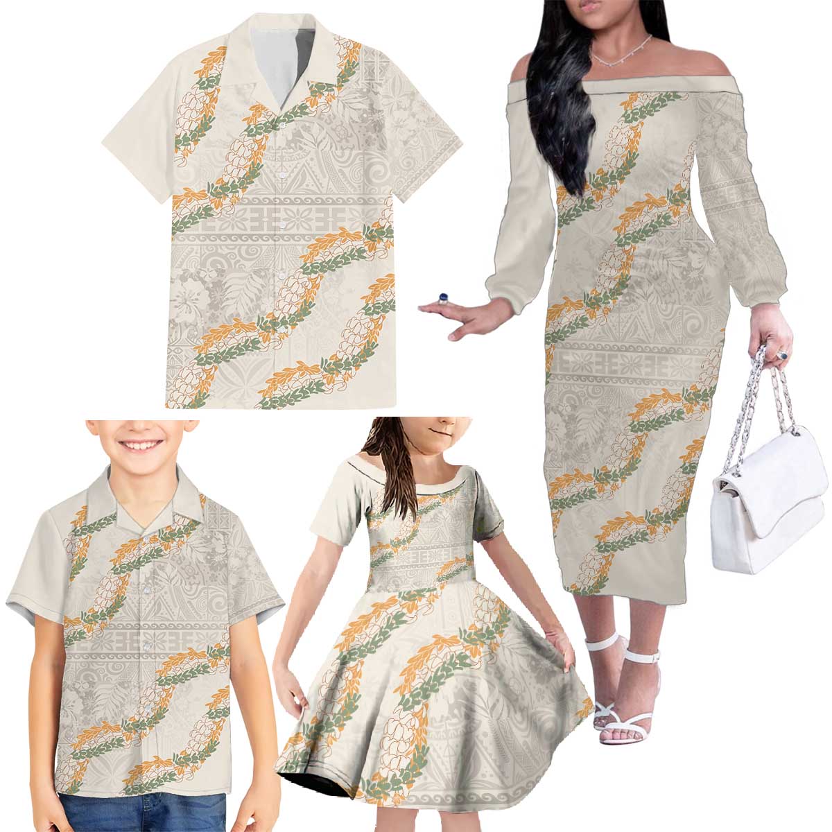 Aloha Pakalana and Puakenikeni Lei Family Matching Off The Shoulder Long Sleeve Dress and Hawaiian Shirt Beige Hawaiian Pattern LT9 - Polynesian Pride