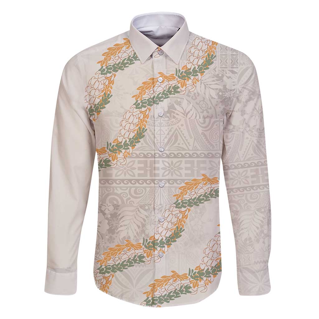 Aloha Pakalana and Puakenikeni Lei Family Matching Off Shoulder Maxi Dress and Hawaiian Shirt Beige Hawaiian Pattern LT9 Dad's Shirt - Long Sleeve Beige - Polynesian Pride
