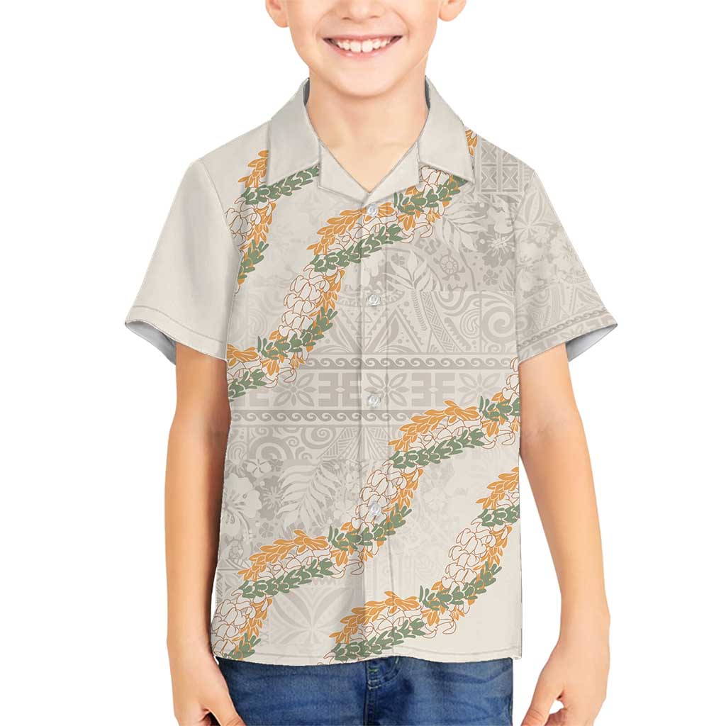 Aloha Pakalana and Puakenikeni Lei Family Matching Off Shoulder Maxi Dress and Hawaiian Shirt Beige Hawaiian Pattern LT9 Son's Shirt Beige - Polynesian Pride