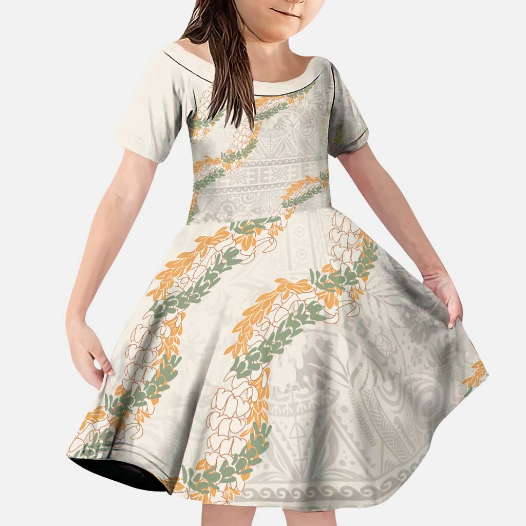 Aloha Pakalana and Puakenikeni Lei Family Matching Puletasi and Hawaiian Shirt Beige Hawaiian Pattern LT9 Daughter's Dress Beige - Polynesian Pride