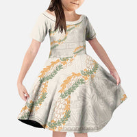 Aloha Pakalana and Puakenikeni Lei Family Matching Puletasi and Hawaiian Shirt Beige Hawaiian Pattern LT9 Daughter's Dress Beige - Polynesian Pride