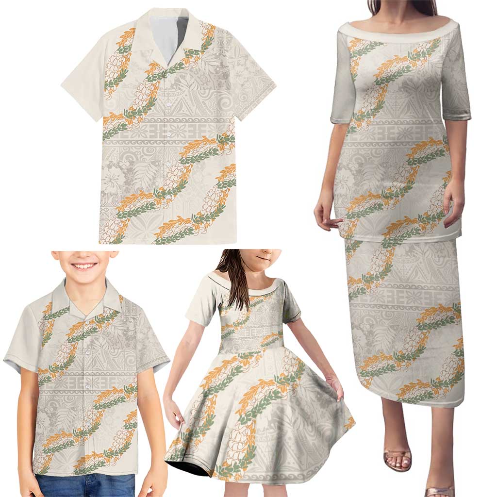 Aloha Pakalana and Puakenikeni Lei Family Matching Puletasi and Hawaiian Shirt Beige Hawaiian Pattern LT9 - Polynesian Pride