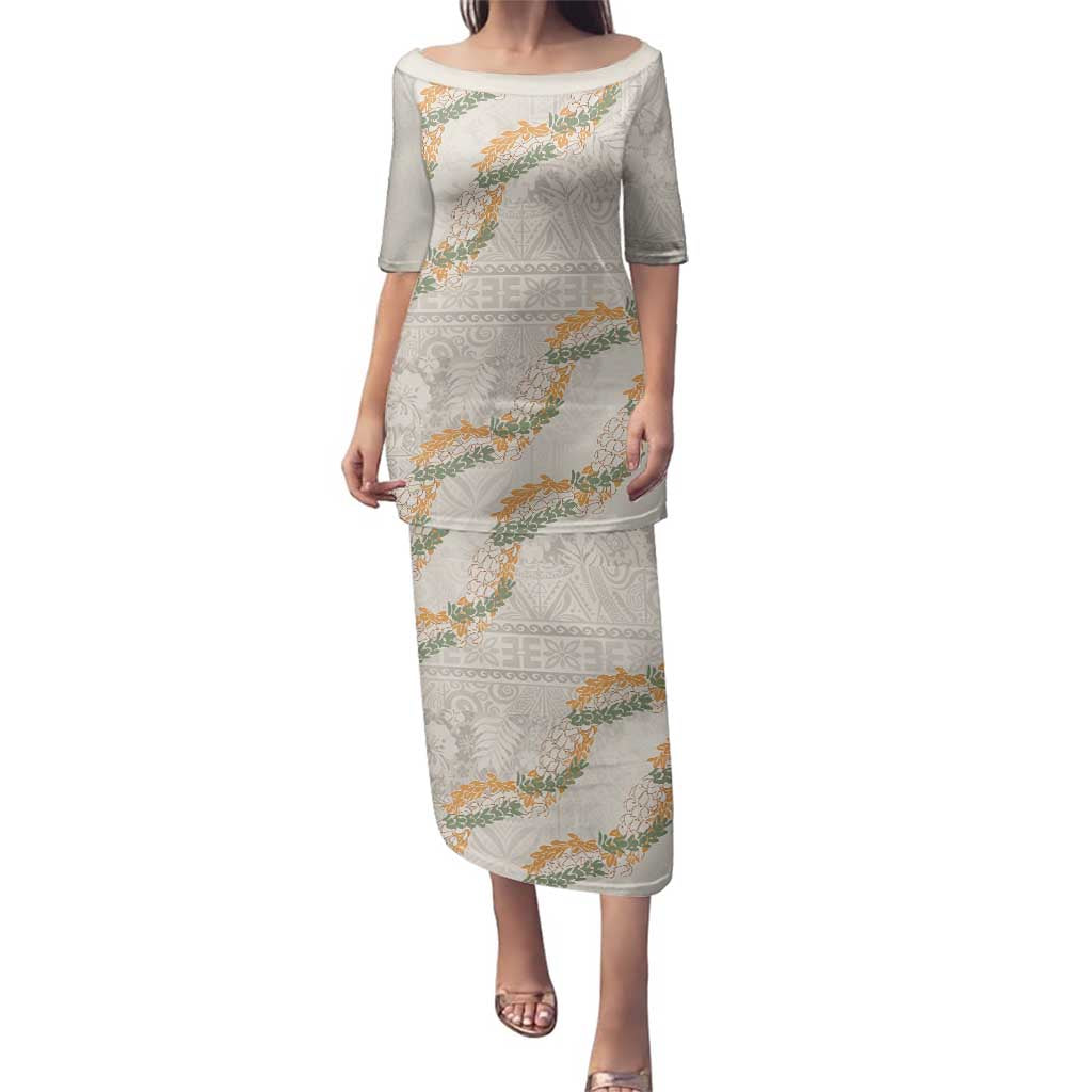 Aloha Pakalana and Puakenikeni Lei Family Matching Puletasi and Hawaiian Shirt Beige Hawaiian Pattern LT9 Mom's Dress Beige - Polynesian Pride
