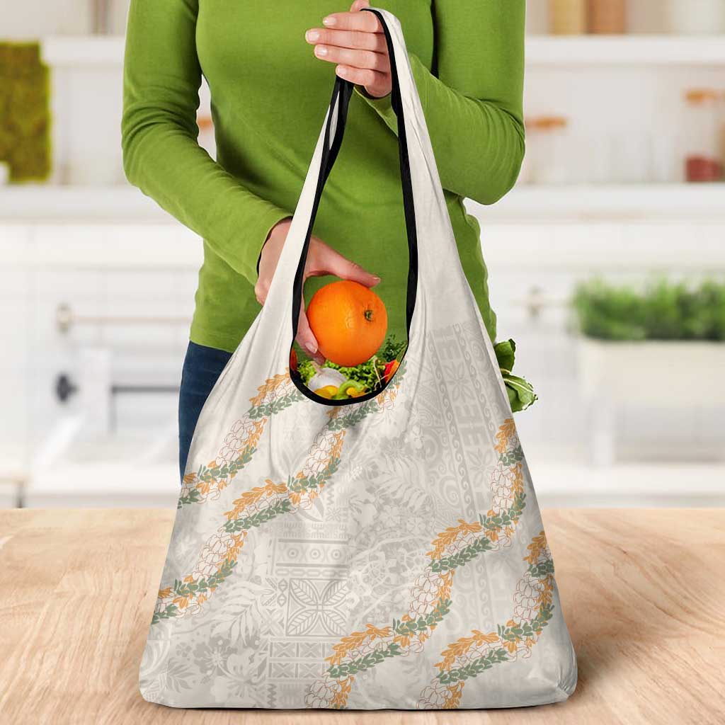 Aloha Pakalana and Puakenikeni Lei Grocery Bag Beige Hawaiian Pattern