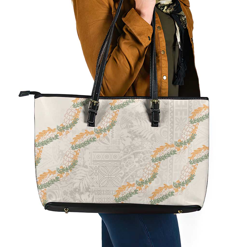 Aloha Pakalana and Puakenikeni Lei Leather Tote Bag Beige Hawaiian Pattern