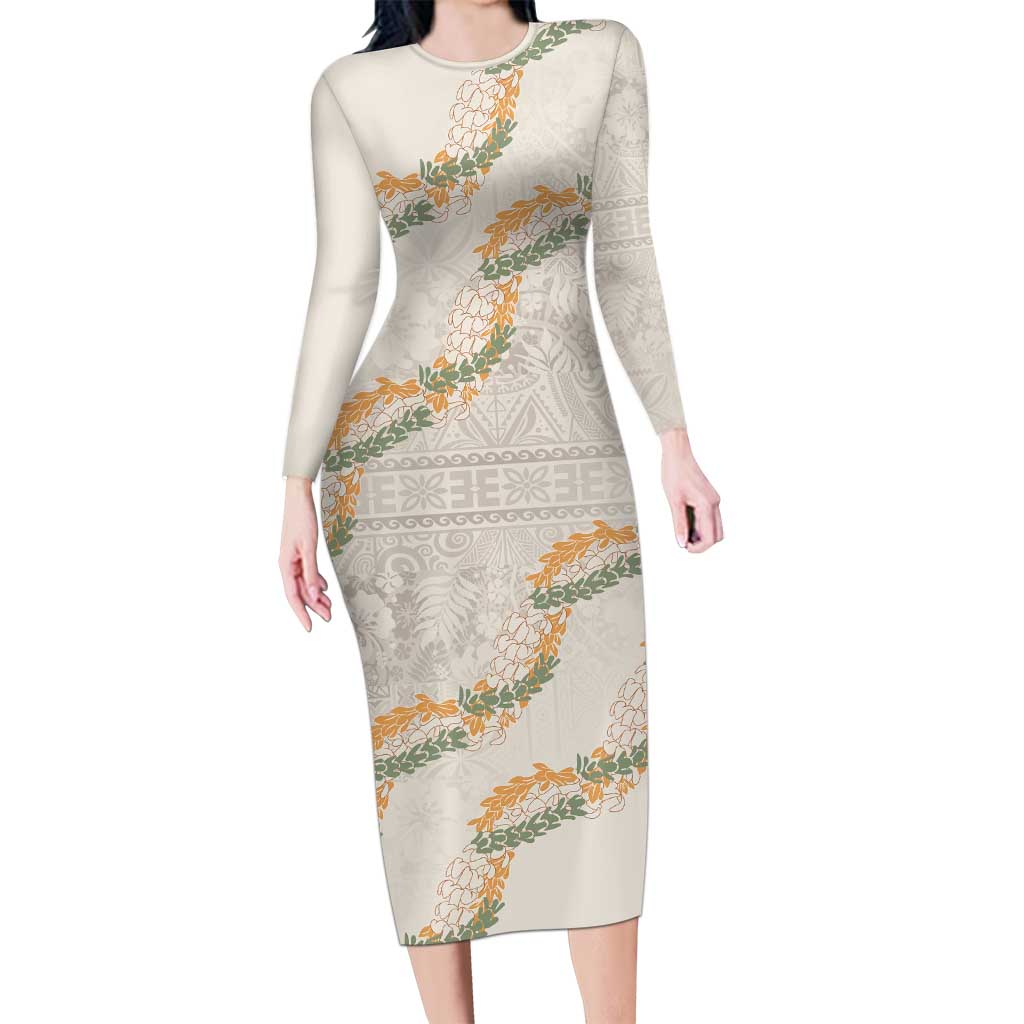 Aloha Pakalana and Puakenikeni Lei Long Sleeve Bodycon Dress Beige Hawaiian Pattern LT9 Long Dress Beige - Polynesian Pride
