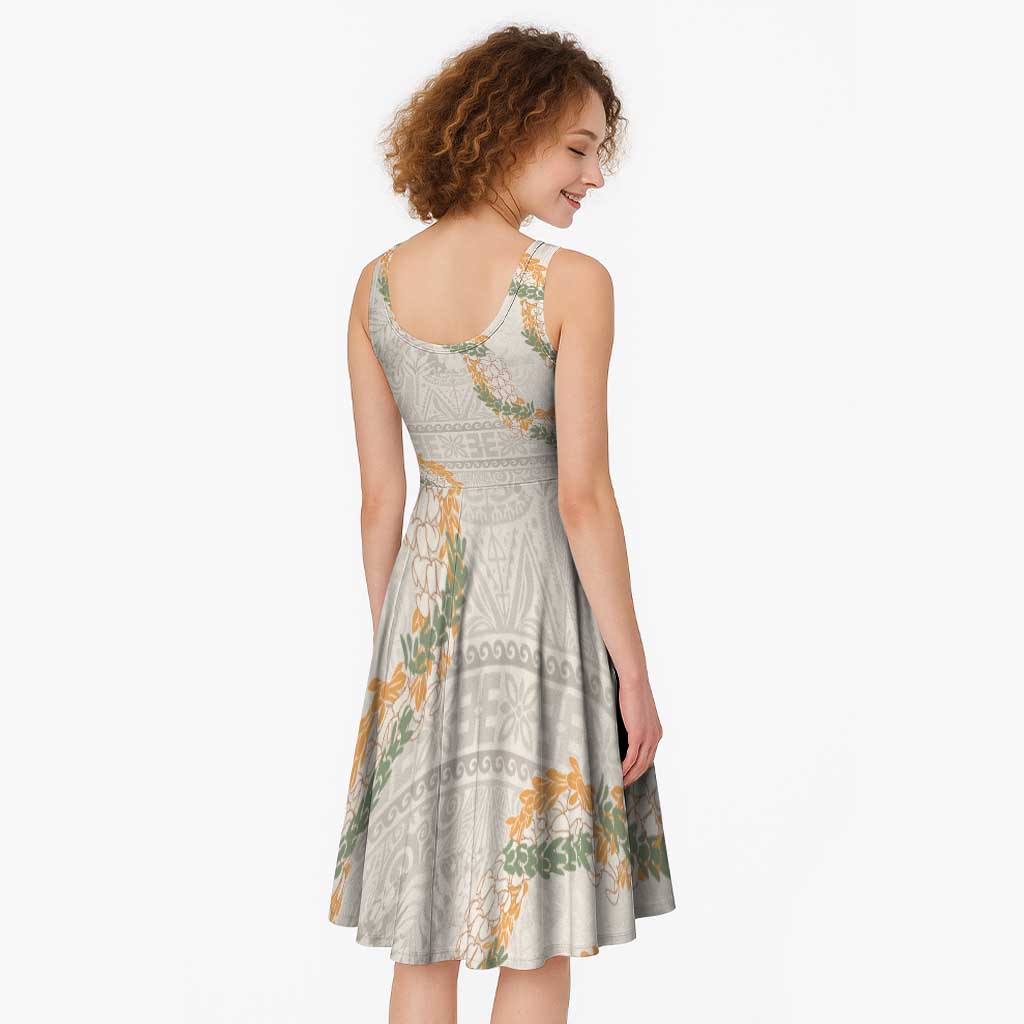 Aloha Pakalana and Puakenikeni Lei Midi Dress Beige Hawaiian Pattern - Polynesian Pride