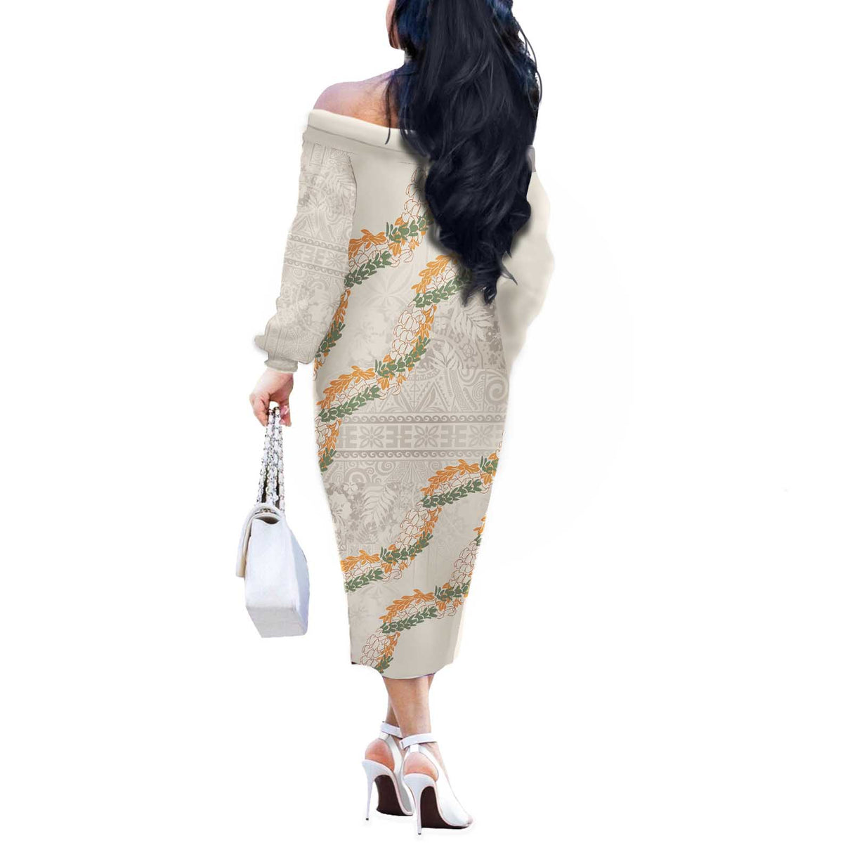Aloha Pakalana and Puakenikeni Lei Off The Shoulder Long Sleeve Dress Beige Hawaiian Pattern LT9 - Polynesian Pride