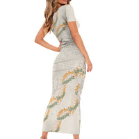 Aloha Pakalana and Puakenikeni Lei Short Sleeve Bodycon Dress Beige Hawaiian Pattern LT9 - Polynesian Pride