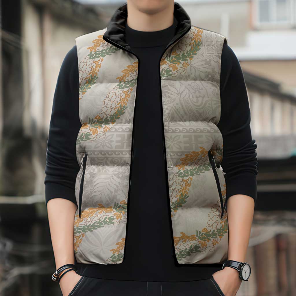 Aloha Pakalana and Puakenikeni Lei Sleeveless Puffer Jacket Beige Hawaiian Pattern - Polynesian Pride