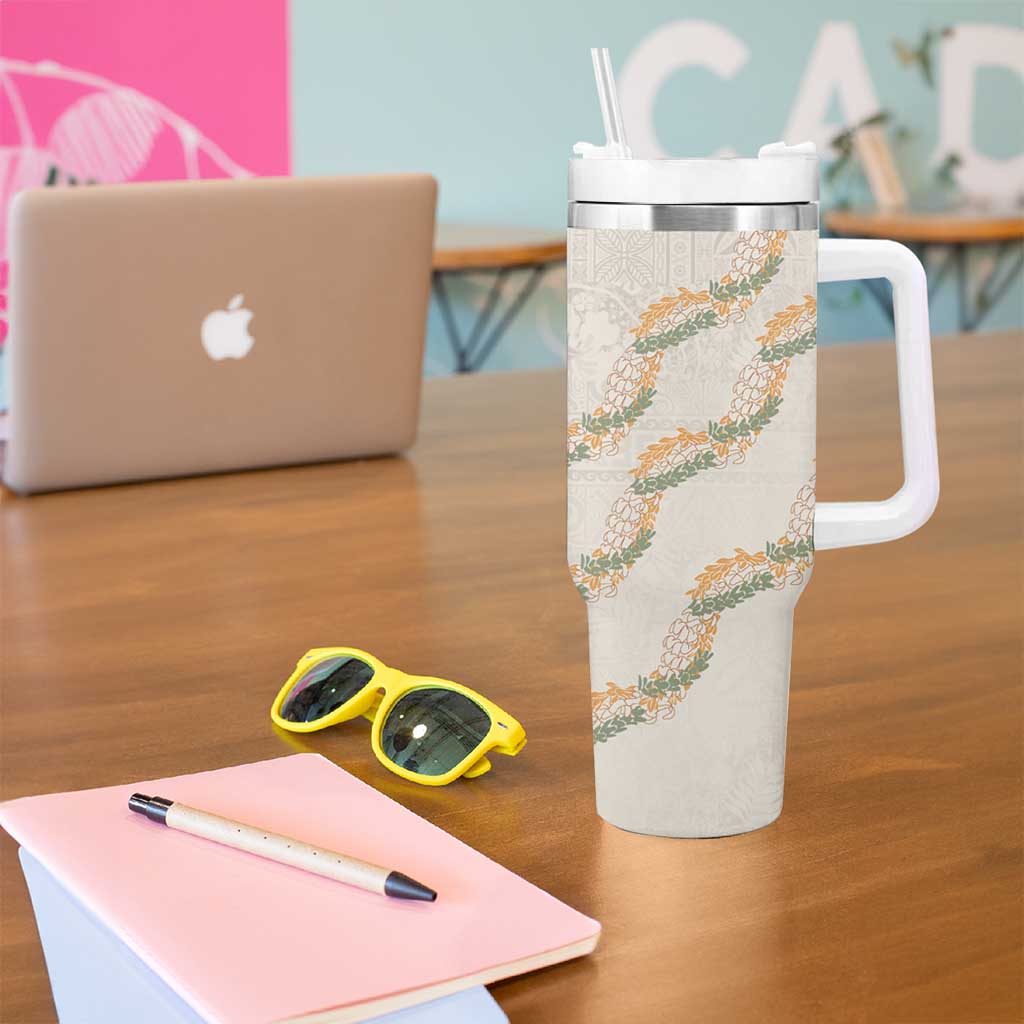 Aloha Pakalana and Puakenikeni Lei Tumbler With Handle Beige Hawaiian Pattern