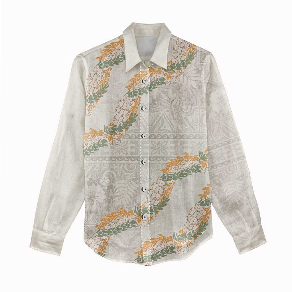 Aloha Pakalana and Puakenikeni Lei Women Casual Shirt Beige Hawaiian Pattern