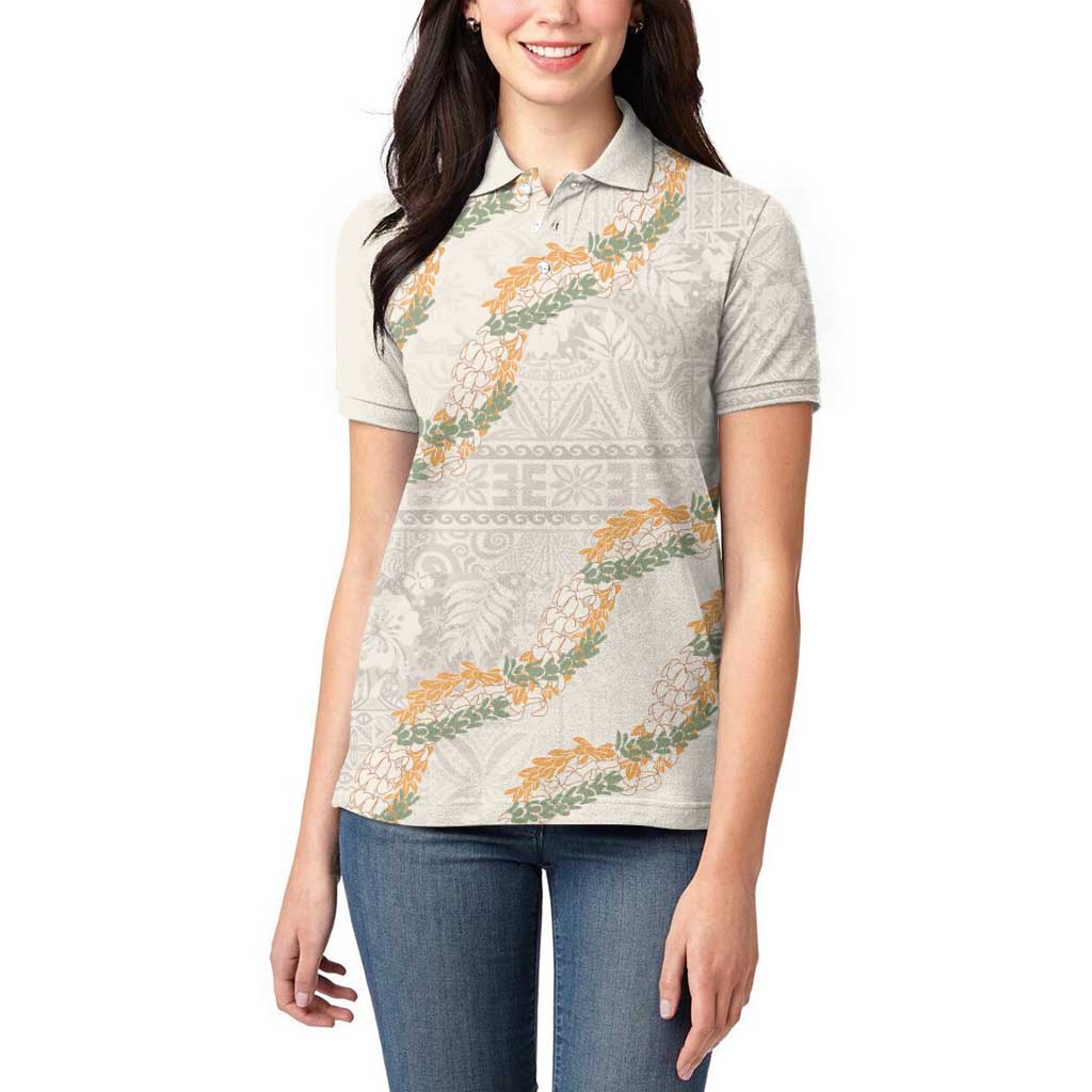 Aloha Pakalana and Puakenikeni Lei Women Polo Shirt Beige Hawaiian Pattern LT9 - Polynesian Pride