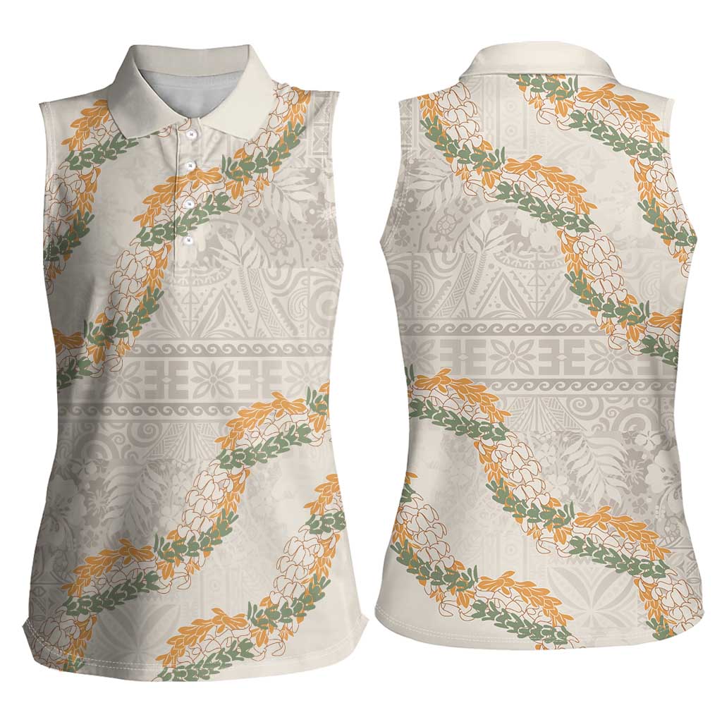 Aloha Pakalana and Puakenikeni Lei Women Sleeveless Polo Shirt Beige Hawaiian Pattern LT9 - Polynesian Pride