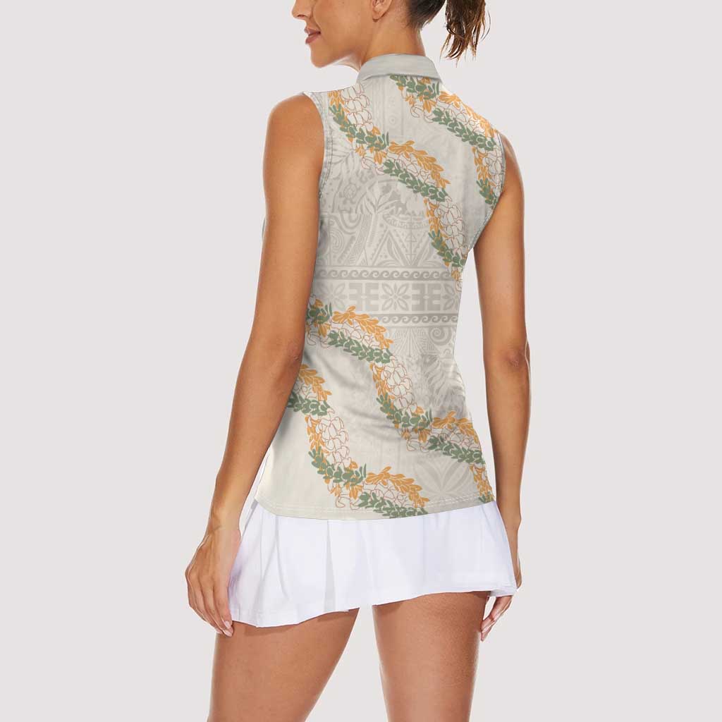 Aloha Pakalana and Puakenikeni Lei Women Sleeveless Polo Shirt Beige Hawaiian Pattern LT9 - Polynesian Pride