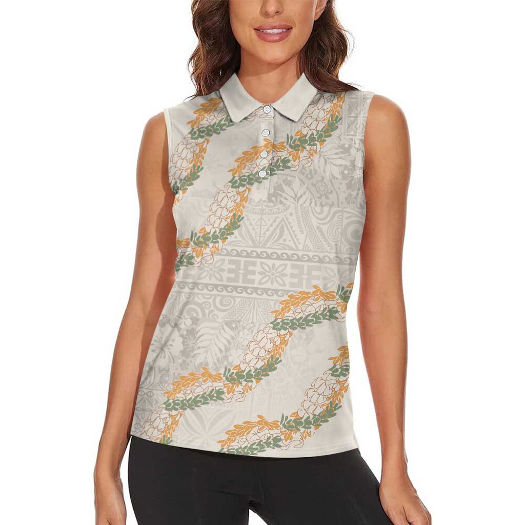 Aloha Pakalana and Puakenikeni Lei Women Sleeveless Polo Shirt Beige Hawaiian Pattern LT9 - Polynesian Pride