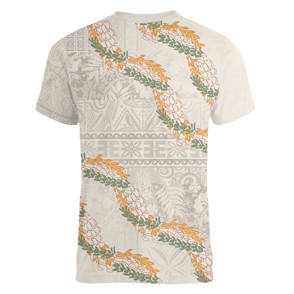 Aloha Pakalana and Puakenikeni Lei Women V-Neck T-Shirt Beige Hawaiian Pattern LT9 - Polynesian Pride