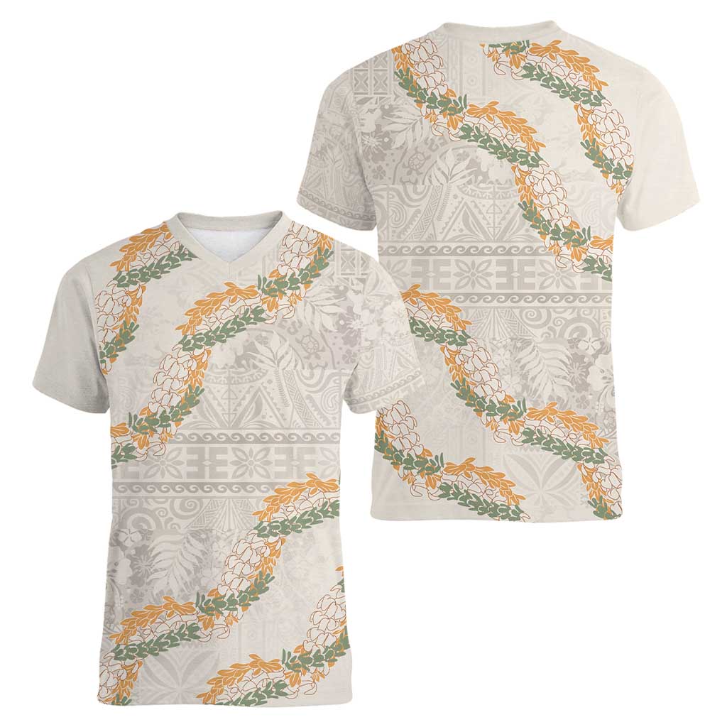 Aloha Pakalana and Puakenikeni Lei Women V-Neck T-Shirt Beige Hawaiian Pattern LT9 - Polynesian Pride