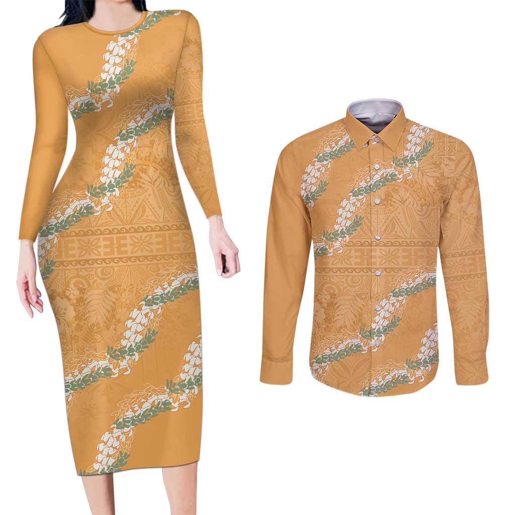 Aloha Pakalana and Puakenikeni Lei Couples Matching Long Sleeve Bodycon Dress and Long Sleeve Button Shirt Gold Hawaiian Pattern LT9 Gold - Polynesian Pride