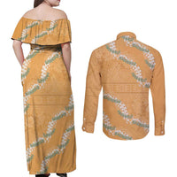 Aloha Pakalana and Puakenikeni Lei Couples Matching Off Shoulder Maxi Dress and Long Sleeve Button Shirt Gold Hawaiian Pattern LT9 - Polynesian Pride