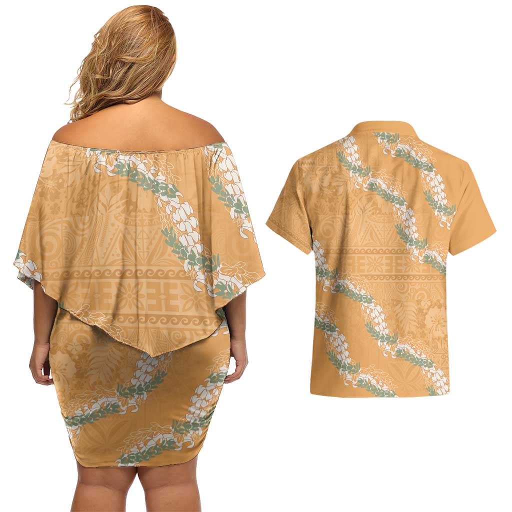 Aloha Pakalana and Puakenikeni Lei Couples Matching Off Shoulder Short Dress and Hawaiian Shirt Gold Hawaiian Pattern LT9 - Polynesian Pride