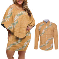 Aloha Pakalana and Puakenikeni Lei Couples Matching Off Shoulder Short Dress and Long Sleeve Button Shirt Gold Hawaiian Pattern LT9 Gold - Polynesian Pride
