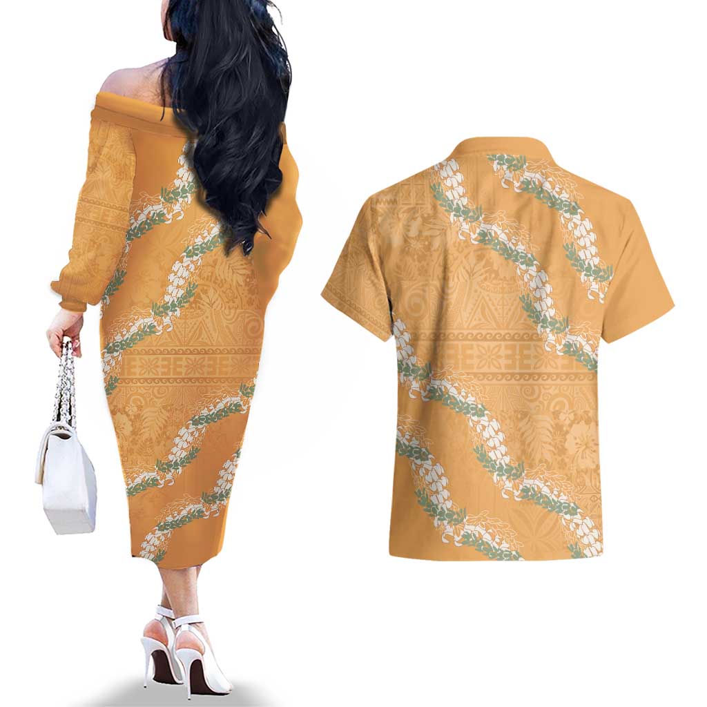 Aloha Pakalana and Puakenikeni Lei Couples Matching Off The Shoulder Long Sleeve Dress and Hawaiian Shirt Gold Hawaiian Pattern LT9 - Polynesian Pride