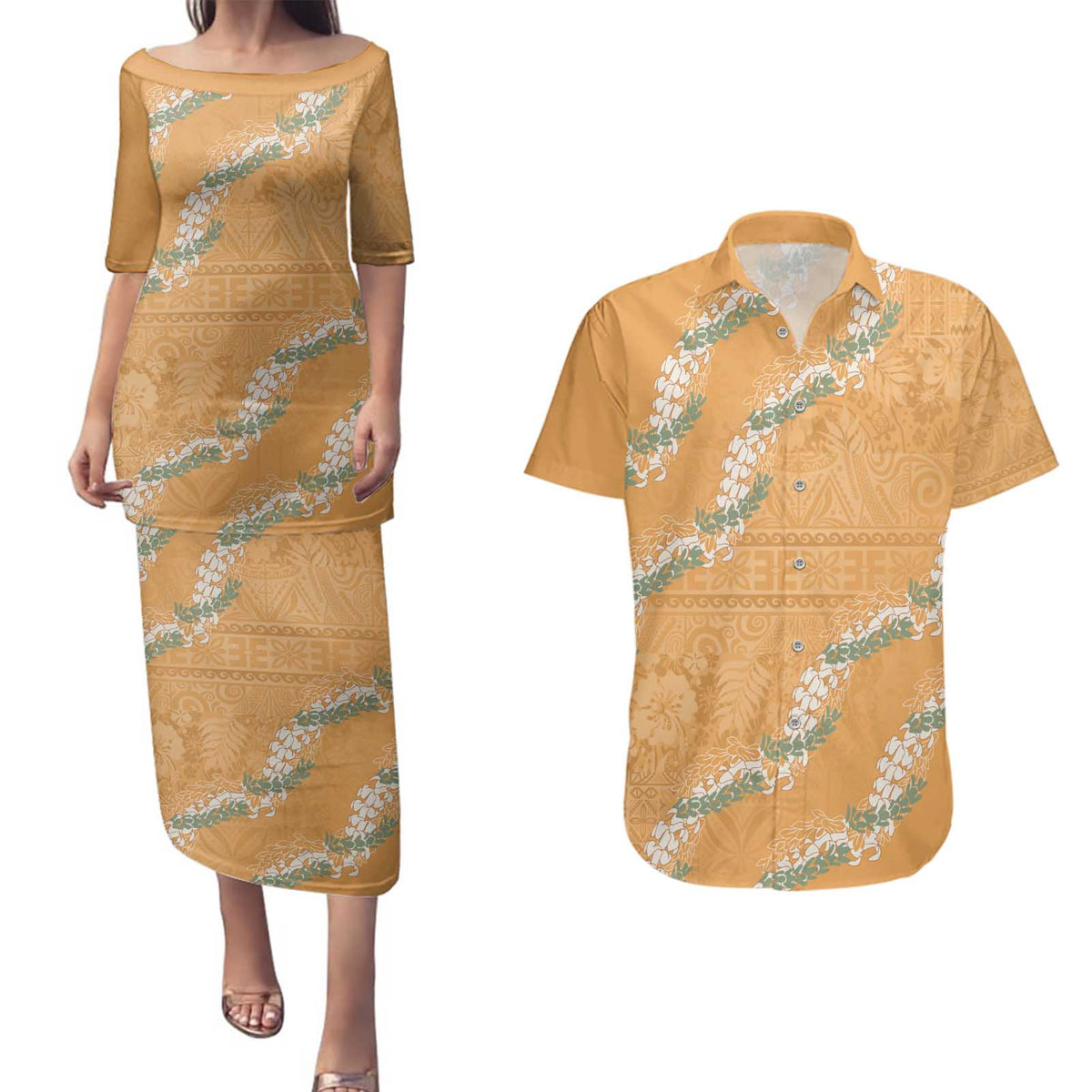 Aloha Pakalana and Puakenikeni Lei Couples Matching Puletasi and Hawaiian Shirt Gold Hawaiian Pattern LT9 Gold - Polynesian Pride