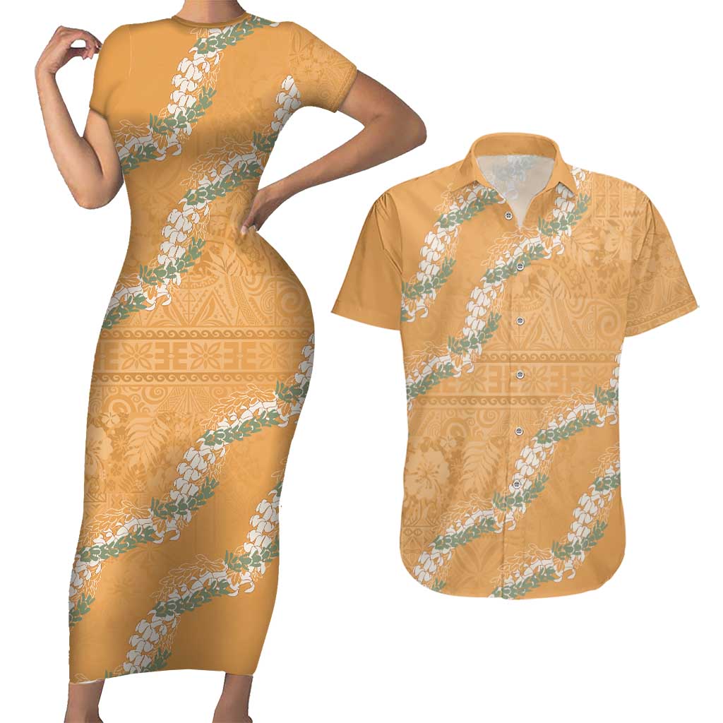 Aloha Pakalana and Puakenikeni Lei Couples Matching Short Sleeve Bodycon Dress and Hawaiian Shirt Gold Hawaiian Pattern LT9 Gold - Polynesian Pride