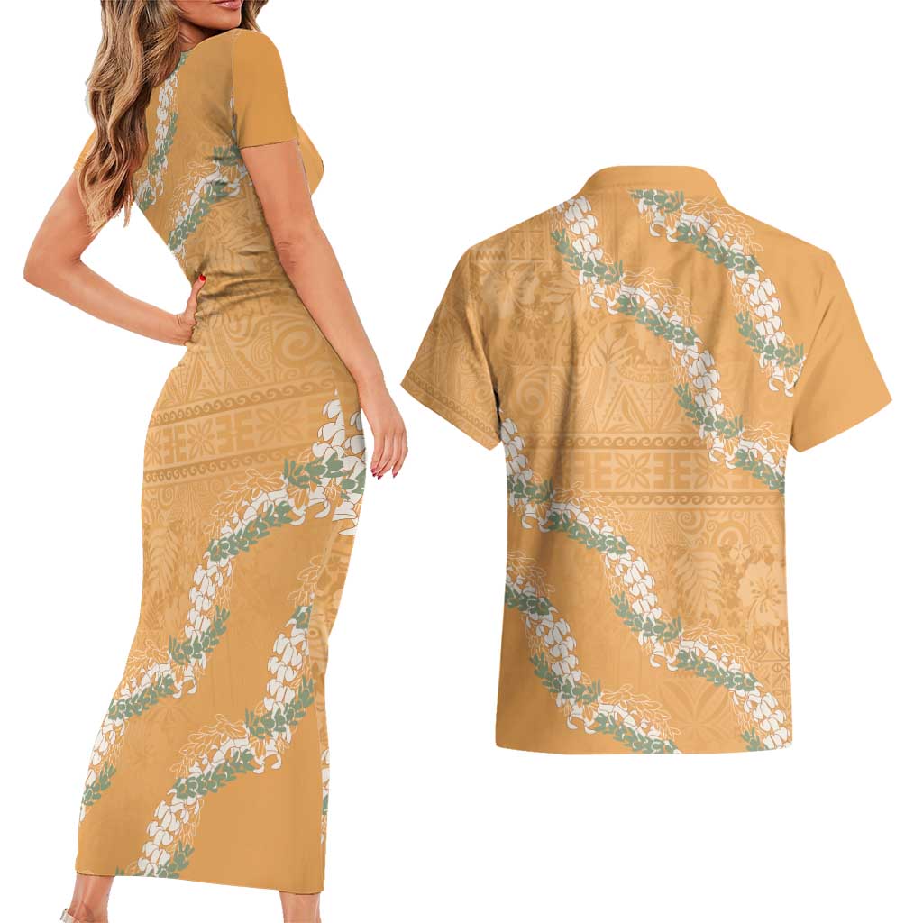 Aloha Pakalana and Puakenikeni Lei Couples Matching Short Sleeve Bodycon Dress and Hawaiian Shirt Gold Hawaiian Pattern LT9 - Polynesian Pride