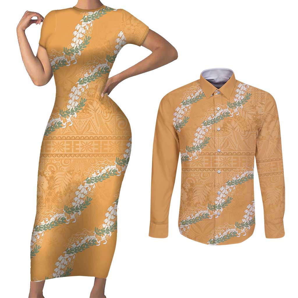 Aloha Pakalana and Puakenikeni Lei Couples Matching Short Sleeve Bodycon Dress and Long Sleeve Button Shirt Gold Hawaiian Pattern LT9 Gold - Polynesian Pride