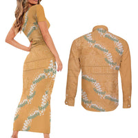 Aloha Pakalana and Puakenikeni Lei Couples Matching Short Sleeve Bodycon Dress and Long Sleeve Button Shirt Gold Hawaiian Pattern LT9 - Polynesian Pride