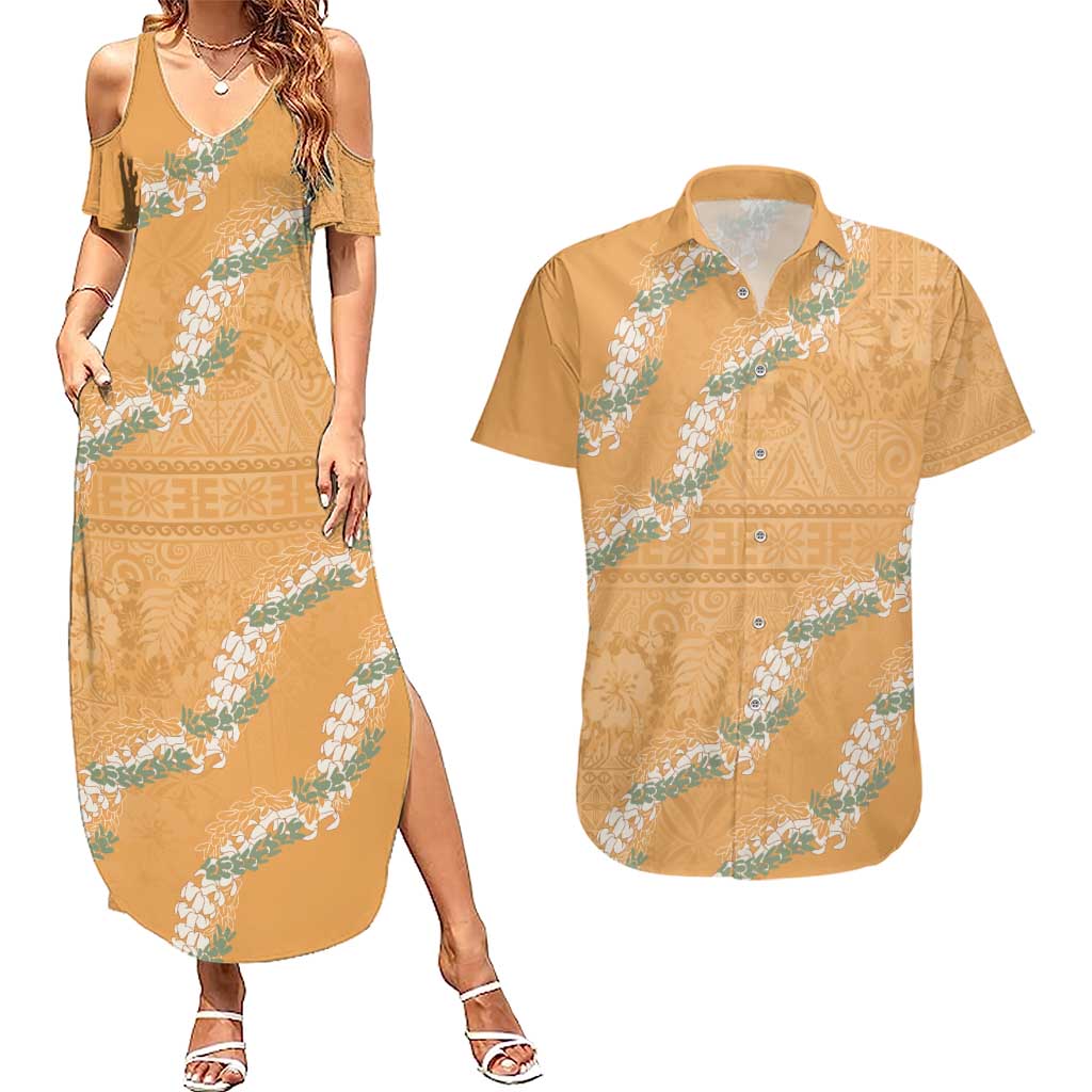 Aloha Pakalana and Puakenikeni Lei Couples Matching Summer Maxi Dress and Hawaiian Shirt Gold Hawaiian Pattern LT9 Gold - Polynesian Pride