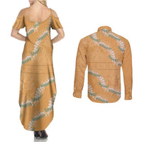 Aloha Pakalana and Puakenikeni Lei Couples Matching Summer Maxi Dress and Long Sleeve Button Shirt Gold Hawaiian Pattern LT9 - Polynesian Pride